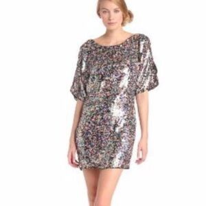 Trina Turk Cocktail Dress Multicolored Sequin Dress Size 4 Gold Cold Shoulder